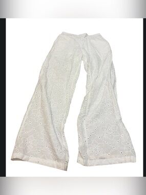 Fleur de Pirate White Eyelet Cotton Wide Leg Pants Morocco Boho Resort 28 Waist